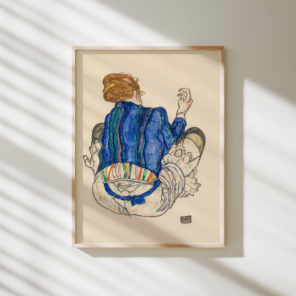 mujer sentada, vista de espaldas schiele
